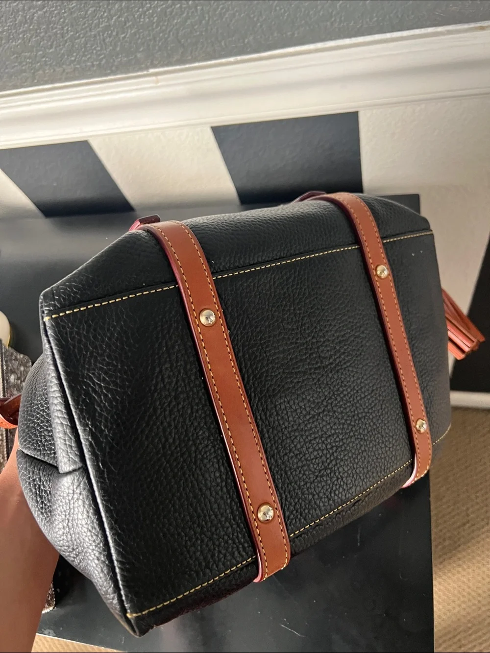 Dooney & Bourke Black Pebbled Leather Satchel with Brown Trim